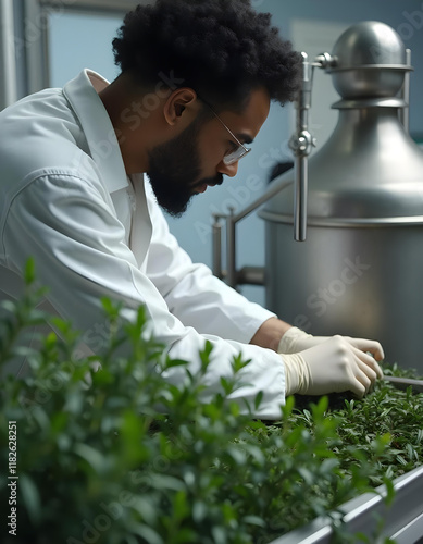 male scientist operating machinery with fresh tea tree leaves