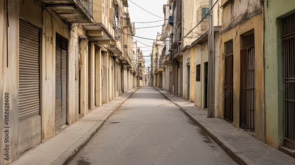 Empty, narrow street in old town with aged buildings. Empty, narrow street in old town with aged buildings.
