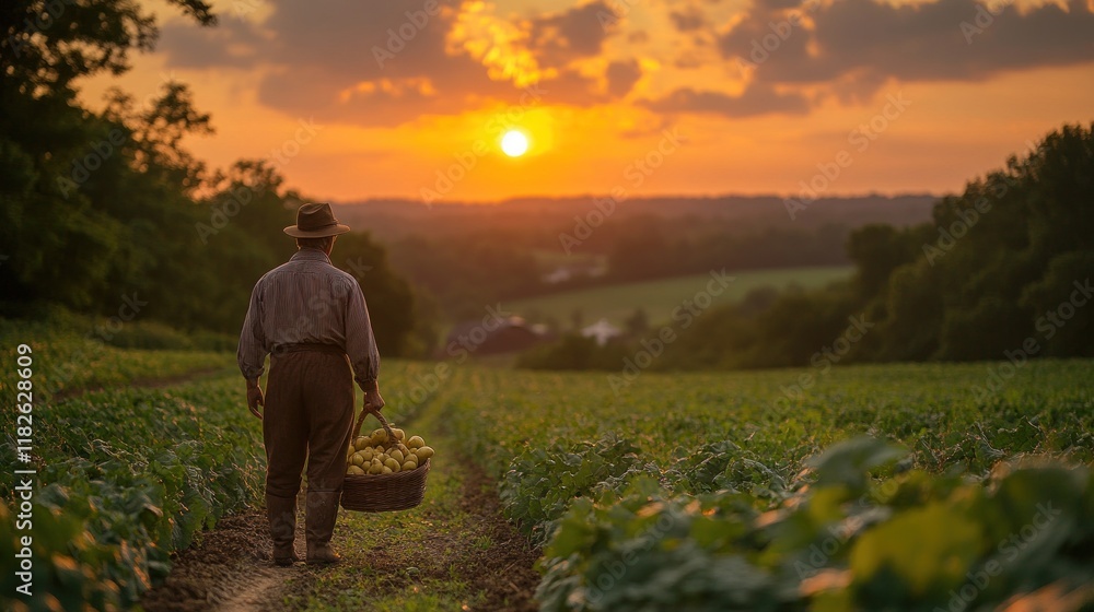 Fototapeta premium A farmer carries a basket of produce at sunset, surrounded by lush fields.