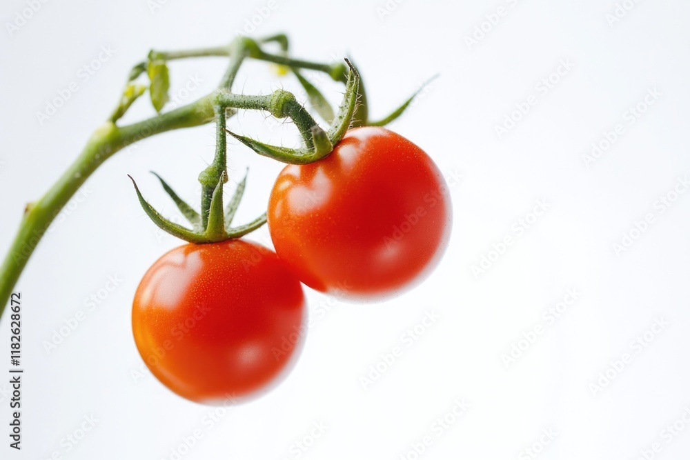 Fresh red tomatoes growing on a stem against a clean white background Fresh red tomatoes growing on a stem against a clean white background