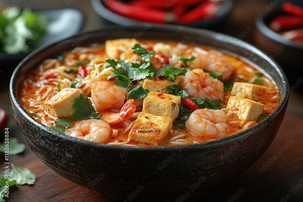 Spicy shrimp, tofu noodle soup.