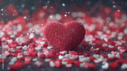 Red heart surrounded by red, pink, and white hearts on glittery background