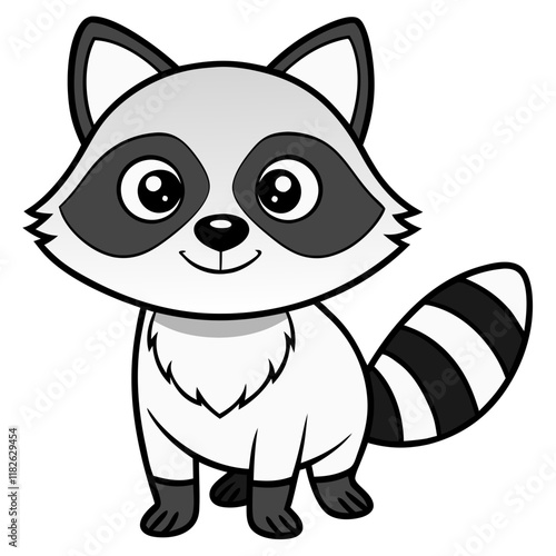 Cute raccoon line art, black and white, ideal for children’s coloring pages.