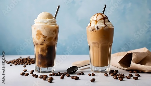 A glass of iced coffee topped with a scoop of vanilla ice cream and coffee beans scattered on the side, presenting a perfect summer beverage.