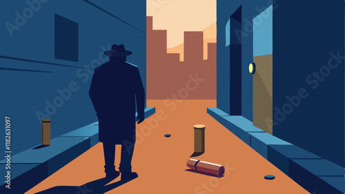 Urban Setting A detective walking through an urban alley spotting a bullet casing on the ground next to a graffiticovered wall highlighting an everyday setting.