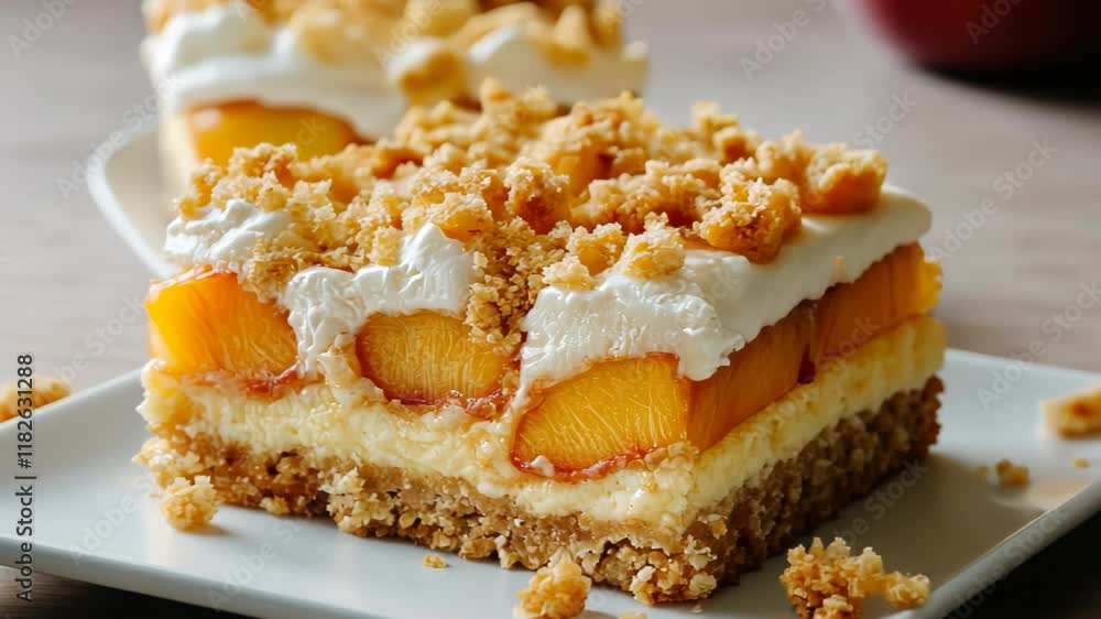 A delicious layered dessert featuring peaches, cream, and a crumbly topping. A delicious layered dessert featuring peaches, cream, and a crumbly topping.