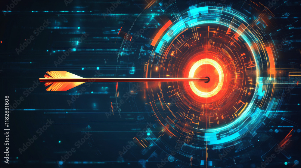 Fototapeta premium Holographic Target Precision: Aim for success with this vector, featuring a holographic target and arrow. A visual representation of focus and determination.