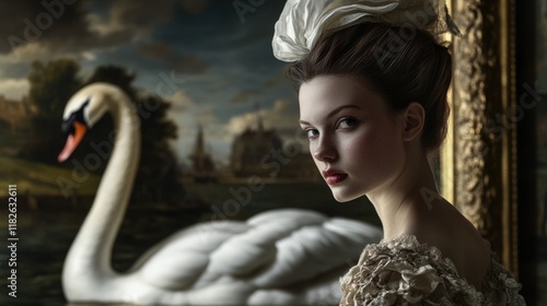 Fototapeta Naklejka Na Ścianę i Meble -  A woman standing next to a swan in a calm environment