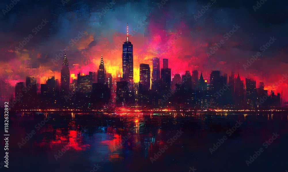 Fototapeta premium The city skyline with buildings beginning to light up as dusk falls