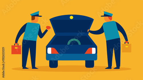 Two Officers in Action A pair of officers cooperating one searching through the trunk while the other stands guard beside the vehicle watchfully looking around.