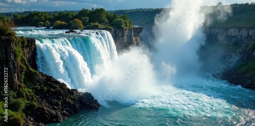 Cascading waterfall plunges into foamy river, creating misty veil, mist, river, waterfall