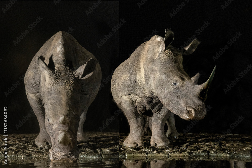 Fototapeta premium South Africa. White rhinos drinking at a waterhole at night.