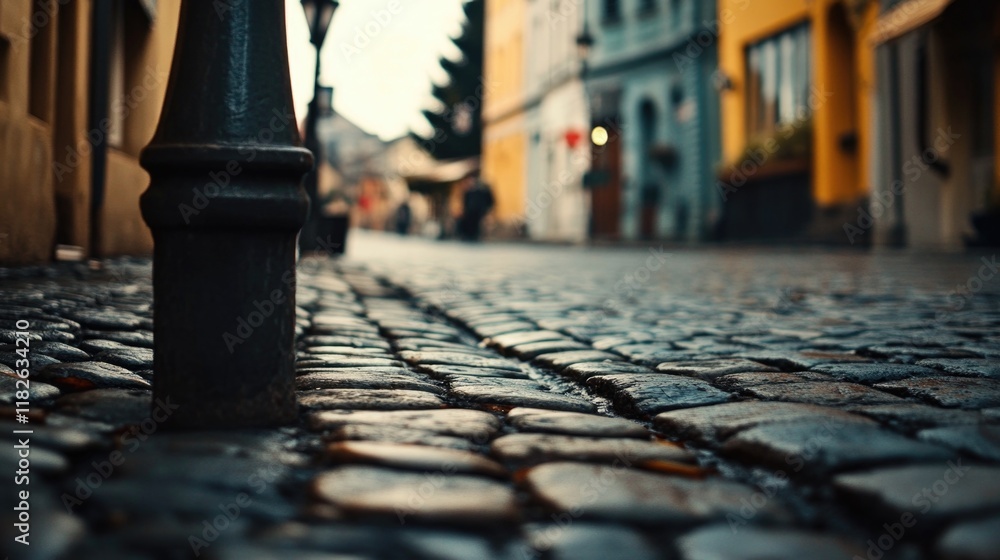 A city street with old-fashioned cobblestones and a working street light, perfect for nighttime scenes or urban settings A city street with old-fashioned cobblestones and a working street light, perfect for nighttime scenes or urban settings