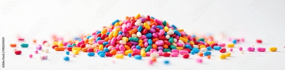 Dense cluster of multicolored sprinkles against white , food, vibrant, baking Dense cluster of multicolored sprinkles against white , food, vibrant, baking