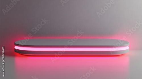 Empty 3D podium with a minimal design, highlighted with soft, glowing pink lights, isolated on white