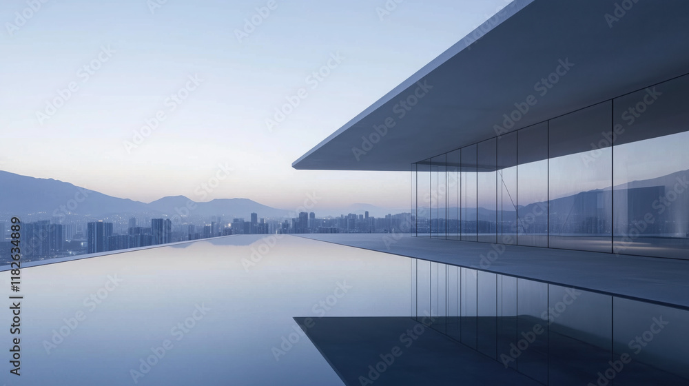 Minimalist Office Building with Geometric Lines and Large Glass Windows Reflecting the Urban Landscape Minimalist Office Building with Geometric Lines and Large Glass Windows Reflecting the Urban Landscape