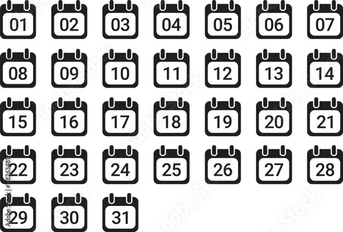 Vector image of calendar icons representing days of the month, from 1 to 31, in black and white minimalist style, with each day shown on individual calendar icons