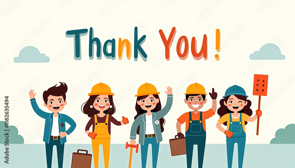Fototapeta premium Thankful construction team waving in a cheerful illustration