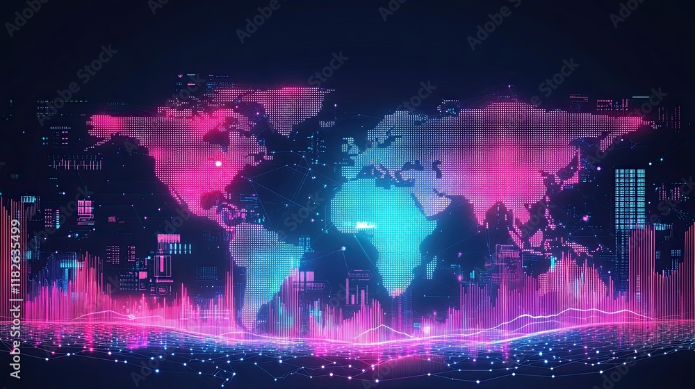 Fototapeta premium A digital map of the world with neon lights