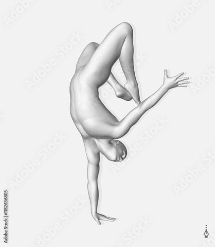 Man making one arm handstand. Gymnast. 3D model of human body. Sports symbol for fitness studio, dance class, yoga or aerobics classes. Vector illustration. 