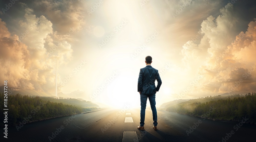 A young businessman stands undecided before two roads A young businessman stands undecided before two roads