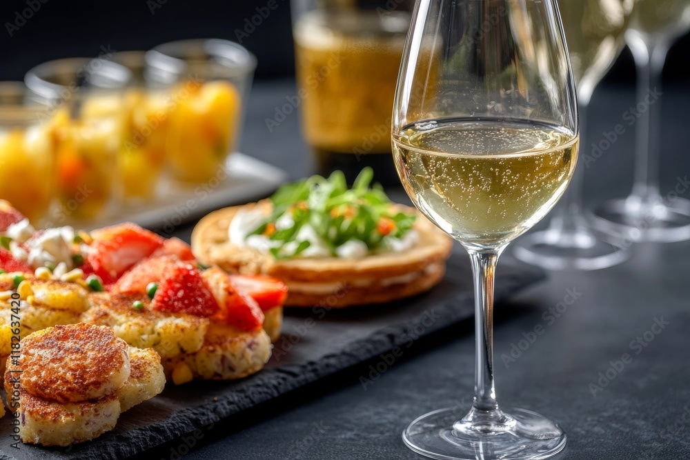 A glass of white wine sits elegantly beside an assortment of light breakfast snacks, including savory bites and fruity treats, creating a perfect morning experience A glass of white wine sits elegantly beside an assortment of light breakfast snacks, including savory bites and fruity treats, creating a perfect morning experience