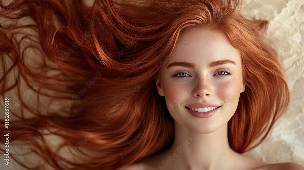 Obraz premium Caucasian female with long red hair smiling on sand background