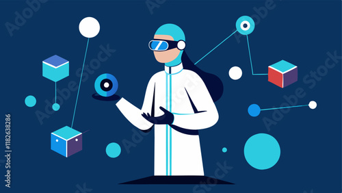 Virtual Reality Analysis The investigator wearing VR goggles while engaging with a 3D model of data analyzing patterns from different angles.