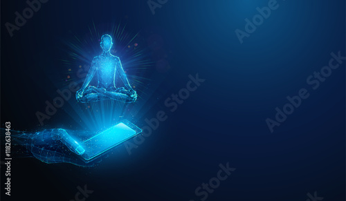 Abstract illustration of low poly human figure sitting in lotus yoga pose over smartphone in hand.Blue geometric background depicting mental health and meditation application concept by wireframe mesh