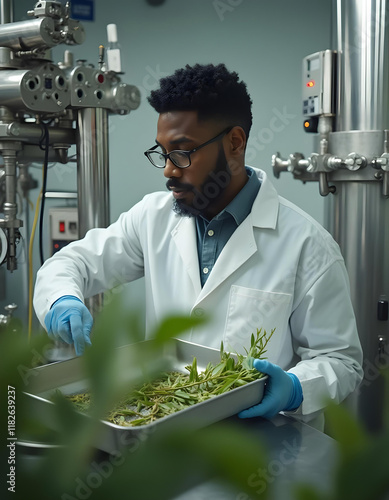 male scientist operating machinery with fresh tea tree leaves