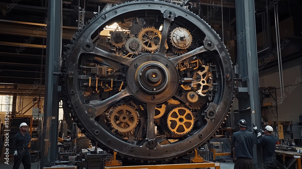 Obraz premium A giant clockwork gear mechanism being assembled by engineers.