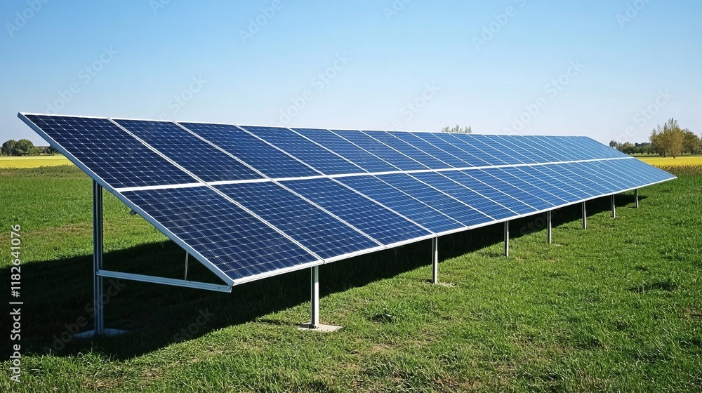 Solar panels in a green field under clear blue sky Solar panels in a green field under clear blue sky