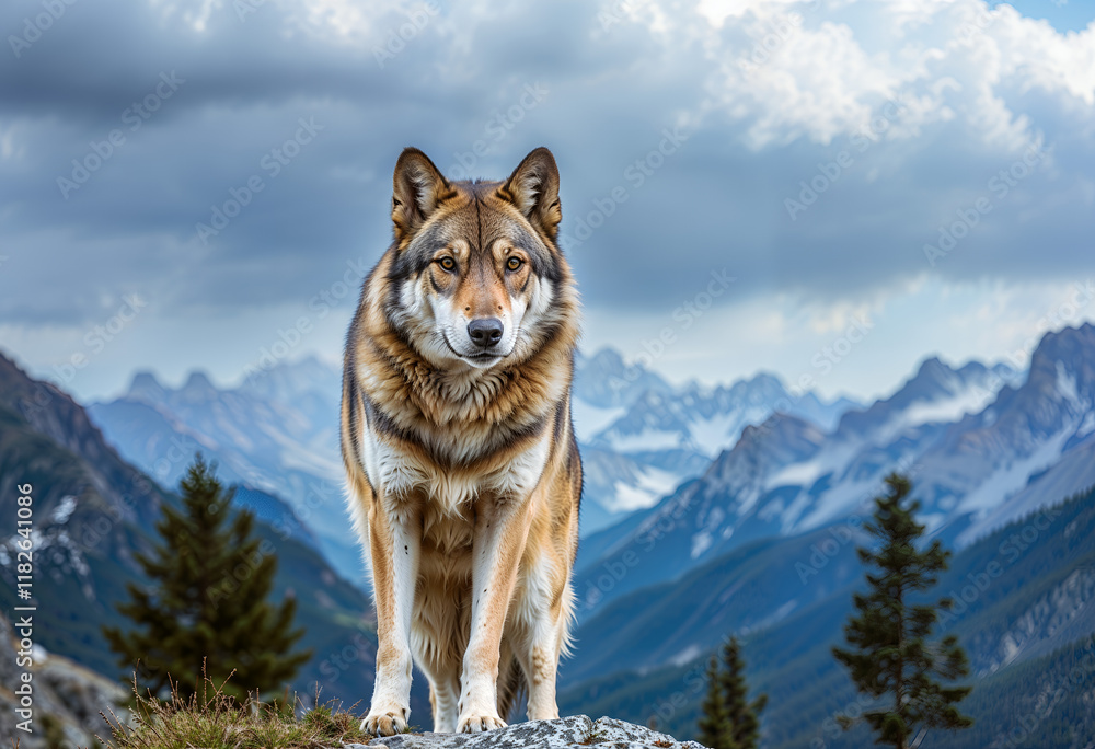 A wolf stands in focus before a mountain range