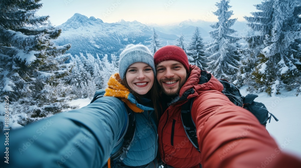 A couple smiles brightly as they take a selfie together in a snowy mountainous area. Clad in warm jackets and hats, they enjoy the beautiful winter scenery around them A couple smiles brightly as they take a selfie together in a snowy mountainous area. Clad in warm jackets and hats, they enjoy the beautiful winter scenery around them