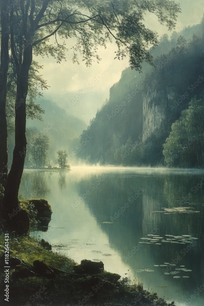 Serene lake, misty mountains, tranquil forest. Serene lake, misty mountains, tranquil forest.