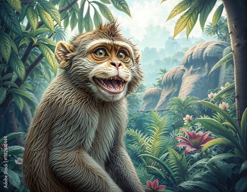 A tan monkey with large eyes and a happy grin is featured in the lush jungle setting photo