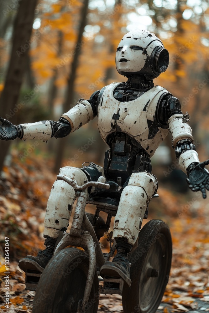 A toy robot rides a small bike through the woods, a fun and imaginative scene A toy robot rides a small bike through the woods, a fun and imaginative scene