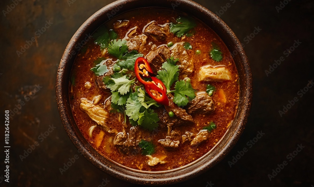 Spicy beef stew, cilantro garnish, dark background, restaurant food Spicy beef stew, cilantro garnish, dark background, restaurant food