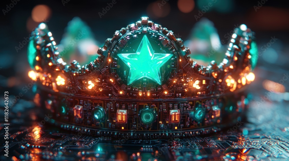 Fototapeta premium Futuristic crown with glowing star and intricate design.