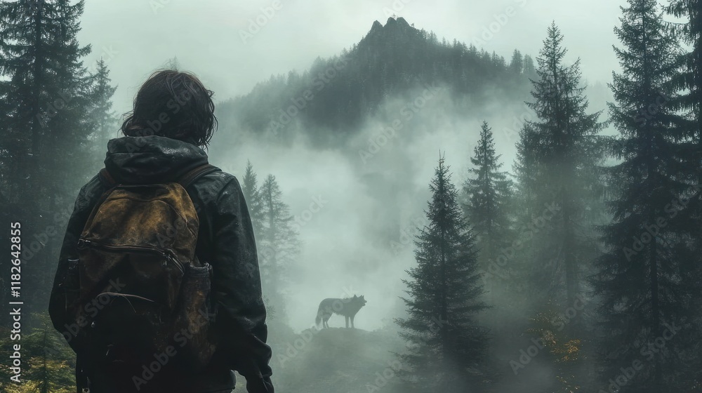 A figure stands in a misty forest, observing a wolf in the distance. A figure stands in a misty forest, observing a wolf in the distance.