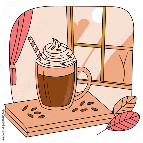 Cocoa with whipped cream by the window with autumn decor