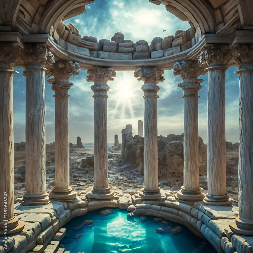 Imaging Construction with columns of lost Atlantis world around ocean water. Lost ancient civilization. Digital artwork. Ai generated