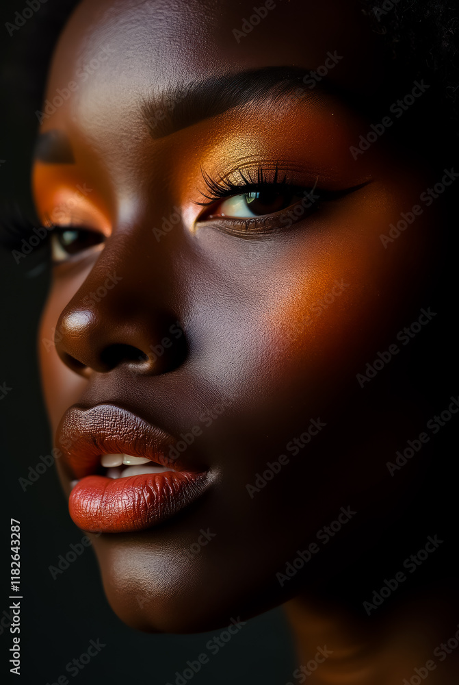 A close up of a woman's face with orange makeup A close up of a woman's face with orange makeup