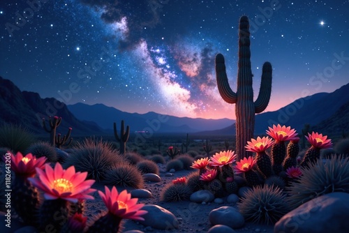 Desert cactus flowers blooming under starry night sky, wildflowers, astronomical photo