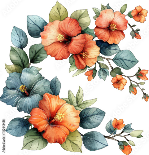 Wallpaper Mural Watercolor Painting of Orange and Blue Hibiscus Flowers Torontodigital.ca