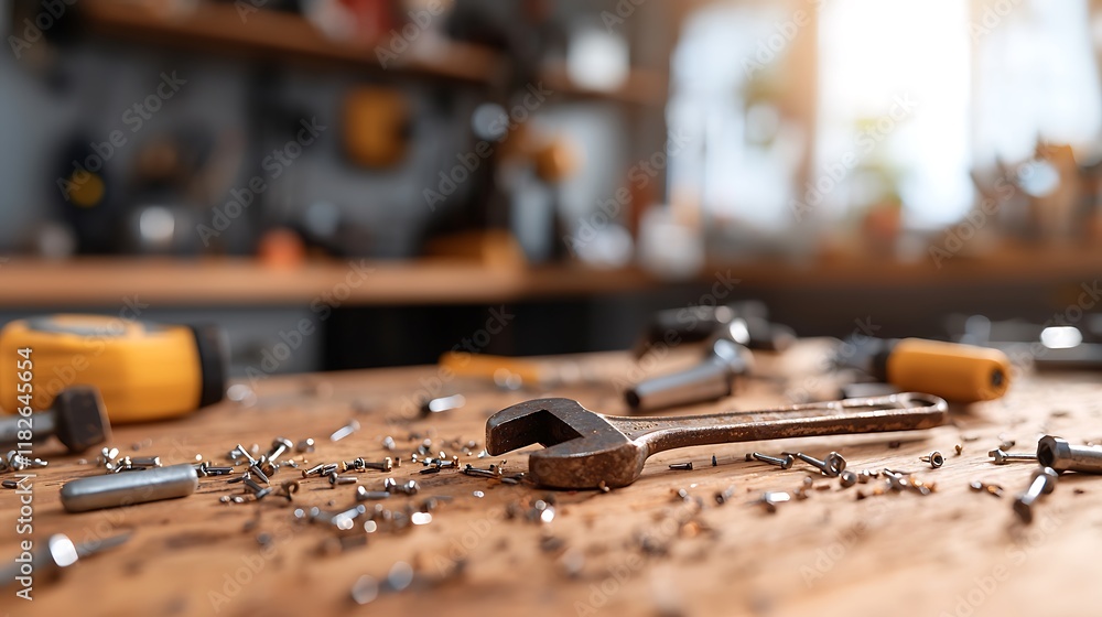 Rusty wrench and assorted hardware on a cluttered workshop workbench.
