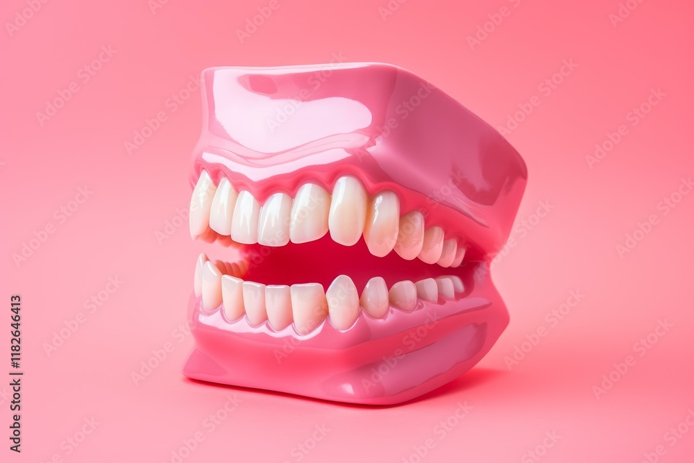 Fototapeta premium Pink anatomical model of human jaw showing teeth and gums on pink background