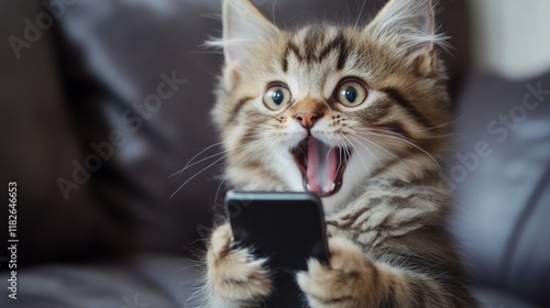 Excited fluffy kitten playing with smartphone on sofa photo