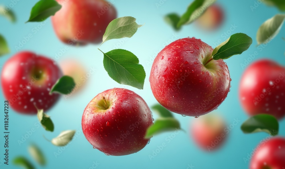 Obraz premium Fresh red apples with green leaves floating in the air.