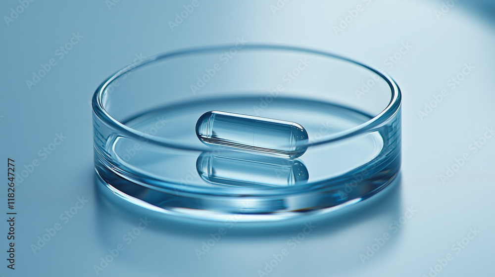 Clear capsule and petri dish on light blue background, symbolizing pharmaceutical research and innovation in healthcare Clear capsule and petri dish on light blue background, symbolizing pharmaceutical research and innovation in healthcare